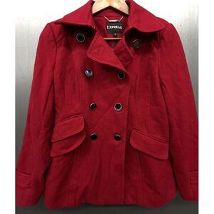 Express‎ Coat Women S Red Wool Blend Double Breasted Lined Jacket Christmas Love